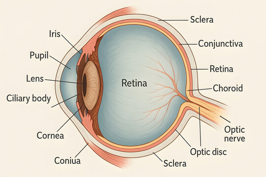 Detailed labeled human eye anatomy cross section illustration, medical education diagram with cornea, iris, lens, retina, optic nerve, labeled internal eye structure for healthcare and biology learnin