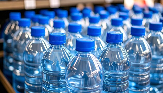 Close-up of stacked plastic water bottles with blue caps, filled with clear liquid on store shelf