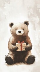 Sitting bear with a small gift box, soft neutral shadows, modern greeting card look