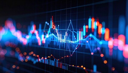Dark-themed financial chart with fluctuating red and blue trend lines