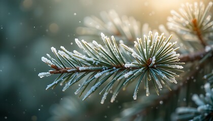 frost-kissed pine needles on a branch, with subtle light catching the ice crystals. The background is a soft, out-of-focus green, indicating the resilience of evergreens in winter.