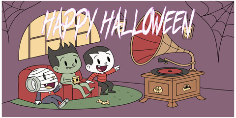Obraz premium Cute Cartoon Vampire Characters Saying Happy Halloween with Balloons