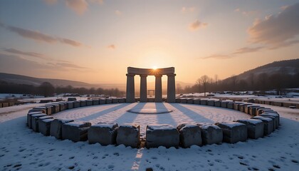 A image of a circular stone arrangement or ancient monument, lightly dusted with snow, captured at dawn on the Solstice, with the rising sun casting a long shadow through its center