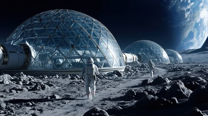 Futuristic Lunar Base with Astronauts and Geodesic Domes on Moon Surface