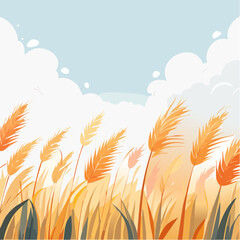 Stylized Wheat Field Illustration with Blue Sky and Cloud Accents