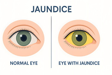 Medical illustration of jaundice in human eye, comparison between healthy normal eye and yellow sclera due to liver disease, hepatitis, bilirubin accumulation, clinical symptom, diagnosis, anatomy con