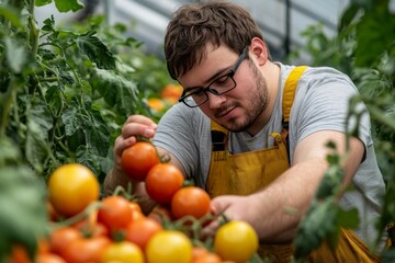 Down syndrome adult man gathering tomatoes in a greenhouse, promoting inclusive work environments and highlighting the value of individuals with disabilities in gardening, Generative AI