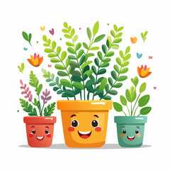 Three potted plants with smiling faces and colorful floral accents