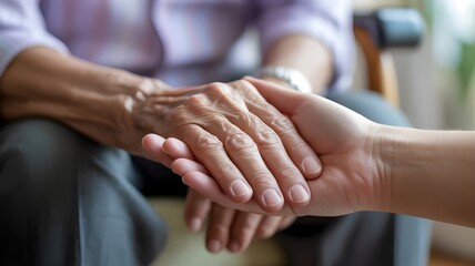 Parkinson disease patient, elderly senior person in support of nursing family caregiver for disability awareness da