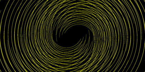 Spiral hipnotis abstrak yang terbuat dari garis lengkung kuning tipis pada latar belakang hitam, menciptakan efek visual seperti terowongan yang dinamis dan futuristik. © Moh