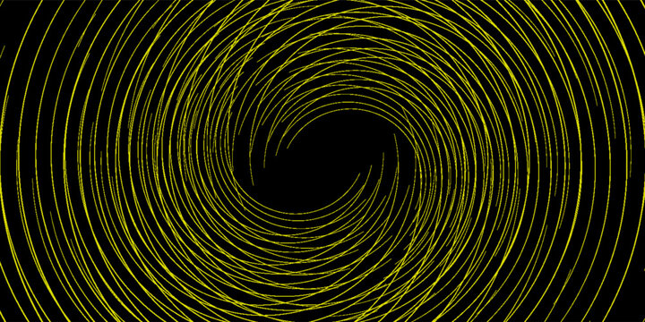 Spiral hipnotis abstrak yang terbuat dari garis lengkung kuning tipis pada latar belakang hitam, menciptakan efek visual seperti terowongan yang dinamis dan futuristik.