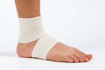 Ankle wrapped in white bandage isolated on left foot against clean background showing natural skin tones and textures with focus on upright leg and arched body from behind