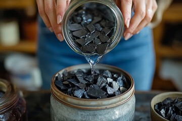 Girl pouring water from a jar containing shungite stones, showcasing the concept of water purification and the use of natural materials for health and wellness, Generative AI