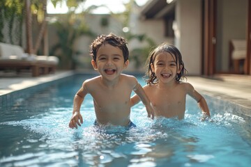 Young siblings running along a swimming pool at home, enjoying playful moments together in a safe and private setting, Generative AI
