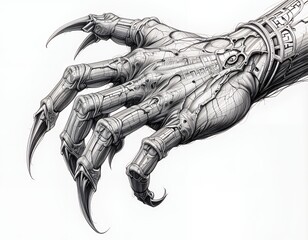 Intricate Mechanical Hand with Sharp Claws Black and White Sci Fi Illustration