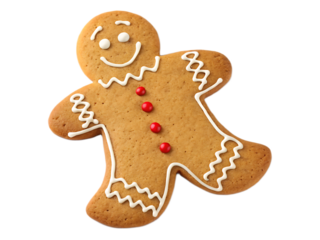 A single gingerbread man cookie with white icing and red candies on a black background close up