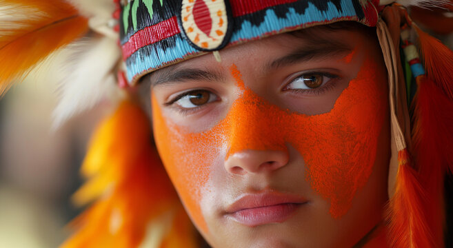 Close-up de um jovem com pintura facial laranja usando um colorido cocar nativo americano