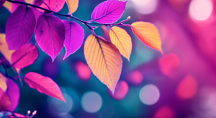 Folhas vibrantes em cores neon em foco atrás de um primeiro plano desfocado em roxo e rosa