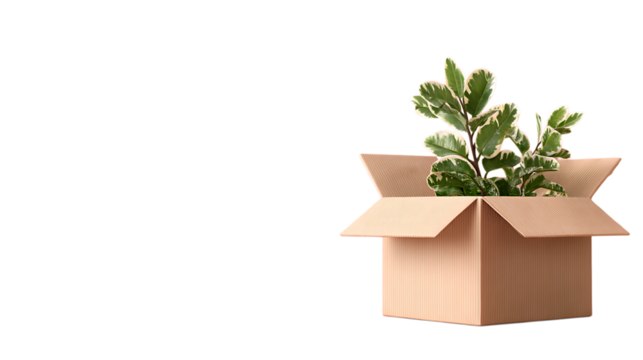 Blank cardboard box mockup with a plant, an empty packaging template for product presentation. Mock-up of an open gift carton package for design layout and branding concept.