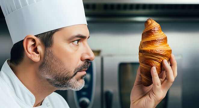 A professional baker examines a freshly baked, golden-brown croissant in a commercial kitchen.