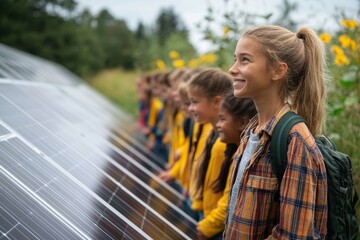 Young teacher with a solar panel teaching pupils about solar energy, engaging students in renewable energy education and environmental sustainability, Generative AI