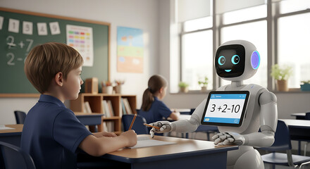 A friendly robot tutor assists a child in a classroom setting, helping with a simple math problem.