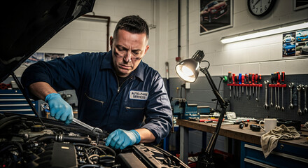 Mechanic working on car engine in auto repair shop wearing gloves