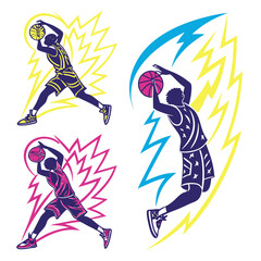 Basketball players in action with dynamic lightning effects vector