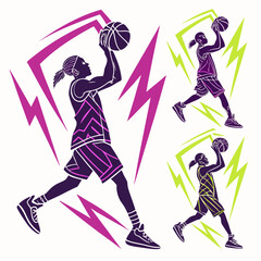 Basketball players in action with lightning graphics female sport