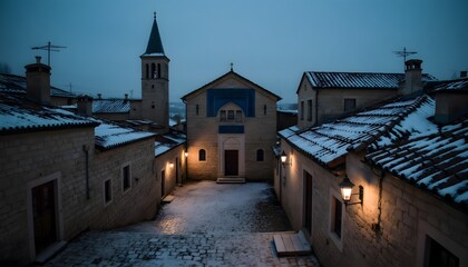 Obraz premium Quiet Evening in an Urban Village with Snow-Covered Streets and Glowing Lanterns
