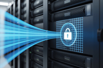 Digital security data stream flowing into a locked server rack