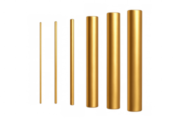 Five gold cylinders of increasing size are displayed on a transparent background, creating a visually appealing arrangement