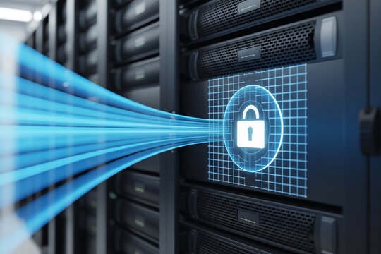 Digital security data stream flowing into a locked server rack - Powered by Adobe