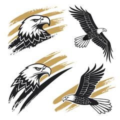 Black eagles soaring with gold brush strokes bird flight