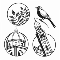 Black ink illustrations of bird dome and tower branch architecture