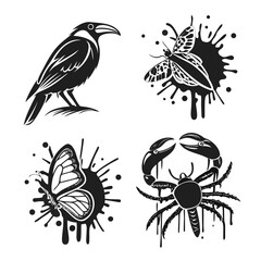 Black ink splatter animal icons raven butterfly crab vector