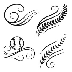Black ornamental swirls and laurel branches with baseball white curls