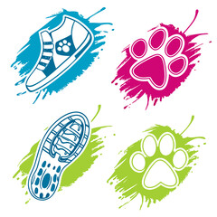 Blue pink green shoe and paw print icons vector
