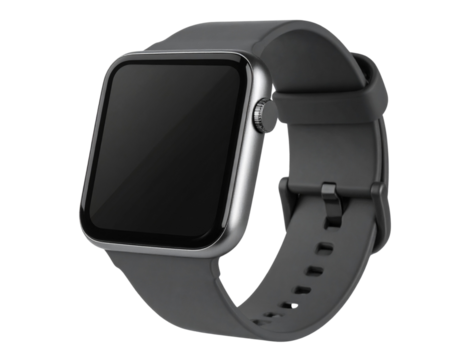 Modern smartwatch with rubber strap and black screen, isolated on a transparent background