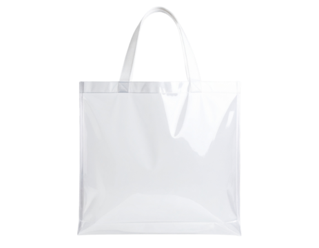 Transparent PVC tote bag with white handles, isolated on a transparent background