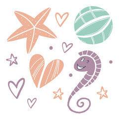 Cute cartoon seahorse starfish and hearts vector
