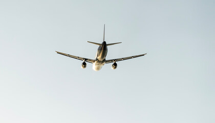 Passenger liner in the sky at sunset or dawn