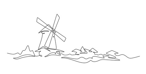 Continuous one line drawing windmill.An old mill on the plain. One continuous line isolated minimal illustration.