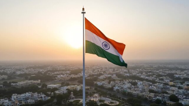 Independence Day celebration in India with the flag waving majestically against a cityscape at sunset. Suitable for patriotic designs.