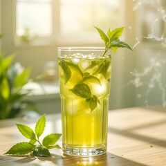 Refreshing drink with ice and mint leaves in glass on table near window in bright sunlight scene