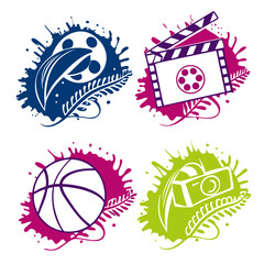Film reel basketball camera clapperboard with paint splashes vector icons