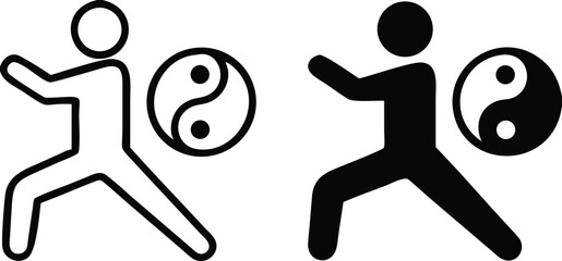 Tai Chi icons. Black and White Vector Icons. A man does health-improving exercises. Symbol of Yin and Yang. Alternative Medicine. Healthy lifestyle. Wellness Concept
