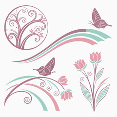 Floral butterfly swirls and flowing pastel curves vector