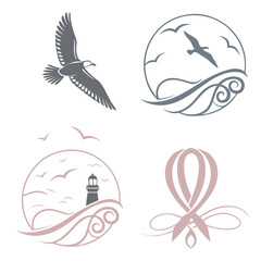 Flying birds lighthouse waves and ribbon design seagull ocean