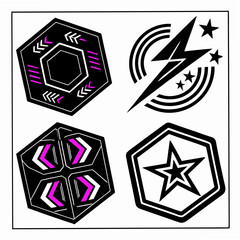 Geometric emblems with lightning bolt and star abstract symbol